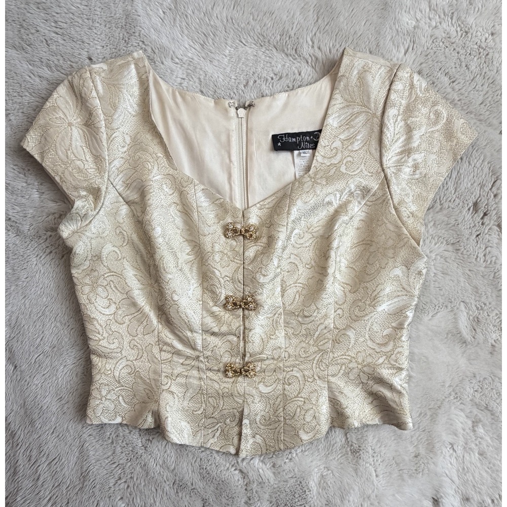 Vintage 90s Hampton Nites XL Gold Brocade Corset Evening Top Rhinestone Bows